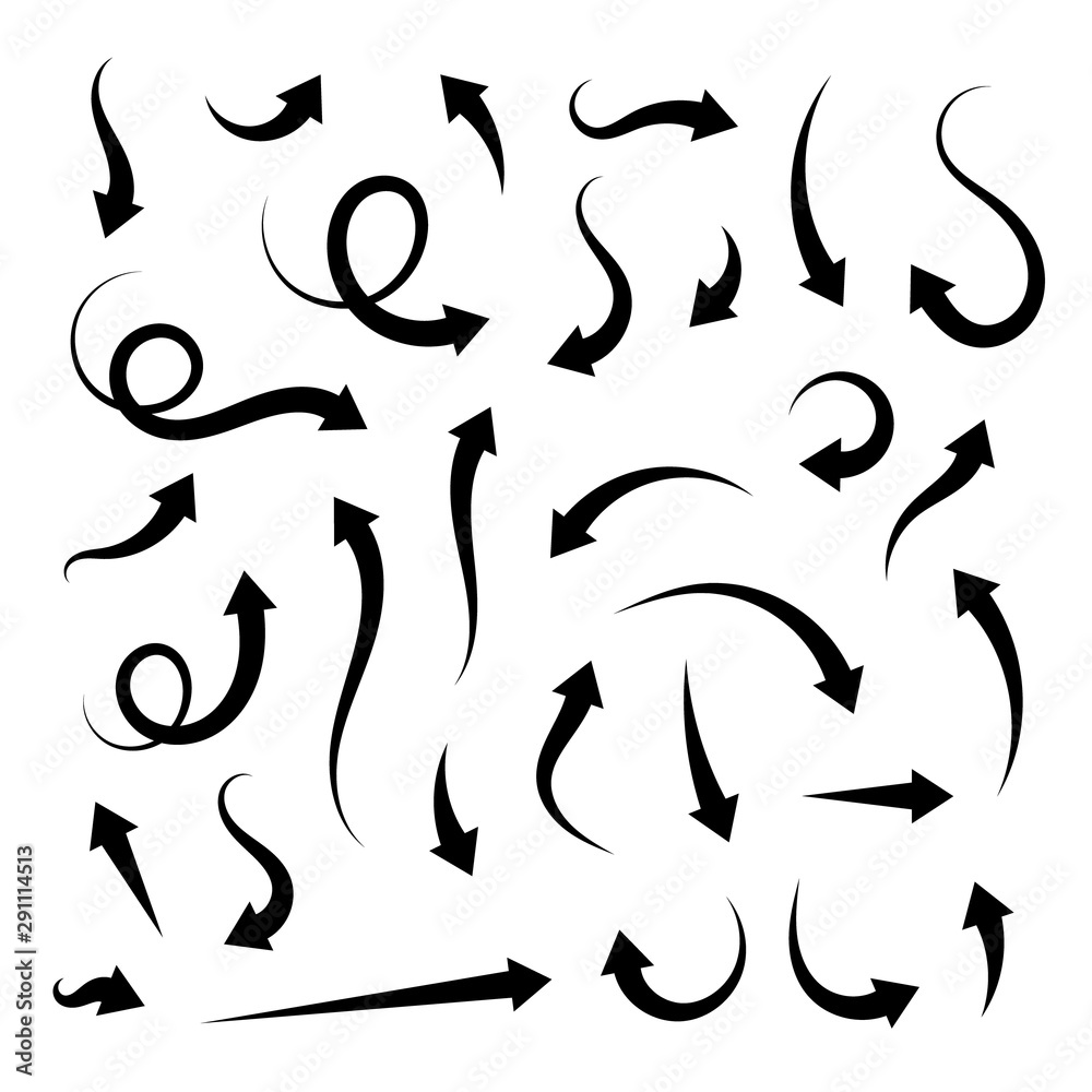 Poster vector arrows collection isolated on white background. flat arrows icons set circle, up, curly, stra