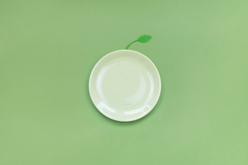 Empty plate in the form of an apple on a green background with copy space. Minimal ecological concept design. Flat lay.