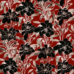 Seamless pattern. Black flowers on red background. Floral theme. Design for wrapping paper. Festive background. Design for printing on fabric