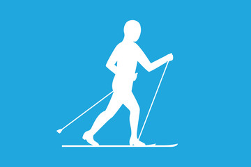 Ski running. Skier silhouette on blue background. Vector illustration.
