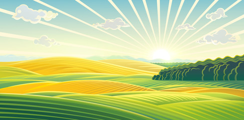Obraz na płótnie Canvas Rural landscape with dawn over fields and hills. Raster illustration.