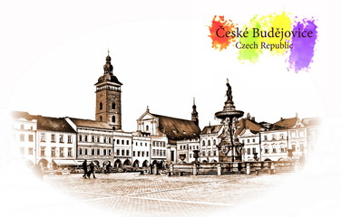 View of Premysl Otakar II. square in Ceske Budejovice - Vintage travel sketch.