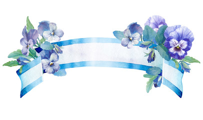 Obraz na płótnie Canvas Blue pansy flowers with a satin ribbon, isolated watercolor illustration. Flower card with flowers. Botanical illustration. It can be used as greeting card, invitation card for wedding, birthday.