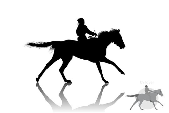 Jump. A young guy is sitting on a running horse. Silhouette. There is a separate layer.