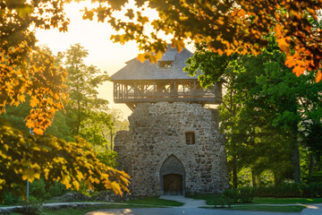 Medieval stone watchtower during the sunset