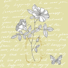 Wild rose flowers drawing and sketch illustrations. Decorative floral set for fabric, textile, wrapping paper, card, invitation, wallpaper, web design. Handwritten abstract text