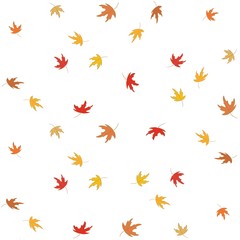 Doodle hand drawing. Seamless pattern falling maple leaves on white background. Orange, red and yellow. Autumn season. Can be use for fabric, print, paper, wrapping or any card.