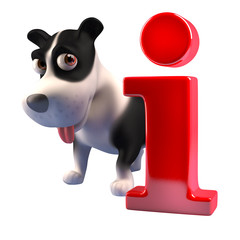 Cartoon 3d puppy dog character standing next to a red information symbol, 3d illustration