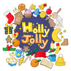 Have a holly jolly Christmas hand drawn vector illustration banner with x-mas elements in cartoons doodle style. Winter holidays greeting card vector design.   web page, poster template