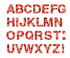 Capital letters alphabet. Each letter Made of tomatoes. Vegetable Alphabet.