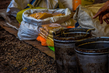 Fototapeta premium Picture of a Old Indian style of Steel utensils used of cooking and serving of food stock