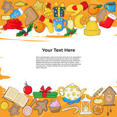 Fototapeta premium Christmas element text frame banner hand drawn template. Scandinavian hygge style border with copyspace. Magazine article, web page, poster template or postcard concept with decorative doodle x-mas it
