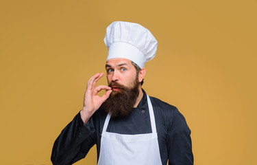 Cook or baker with perfect sign. Bearded chef cook showing ok sign. Professional chef man in...