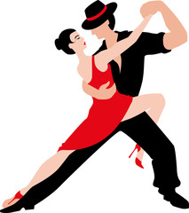 Beautiful couple dancing tango. A woman in a red dress and a man in a black suit and hat. 