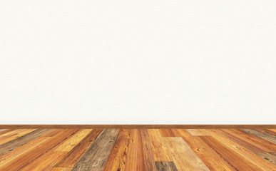 Empty living room with wooden parquet floor and white beige vinyl wallpaper on the wall. 3D rendering illustration for design interior.