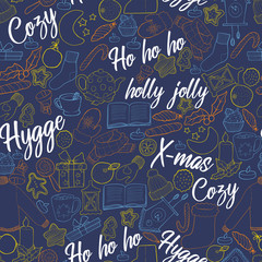 Vector seamless pattern with hand draw hygge christmas item with quote holly jolly x-mas ho ho ho cozy illustration in doodle cartoons style on blue background for wrapping, textile or post card