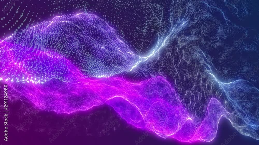 Poster 4K Futuristic Sci fi Digital Wave Dot Particle Motion Background. Beautiful Landscape Floating Defocus Animation Graphic Design.