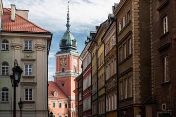 View of the Royal castle from a street in the old town, Warsaw, Poland
