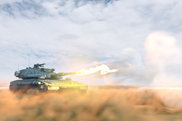miltary tank with not real design at war fire in desert, highly detailed call of duty concept - military 3D Illustration