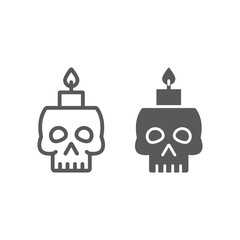 Skull with candle line and glyph icon, spooky and decor, halloween candle sign, vector graphics, a linear pattern on a white background.