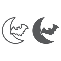 Bat and moon line and glyph icon, halloween and horror, night sign, vector graphics, a linear pattern on a white background.
