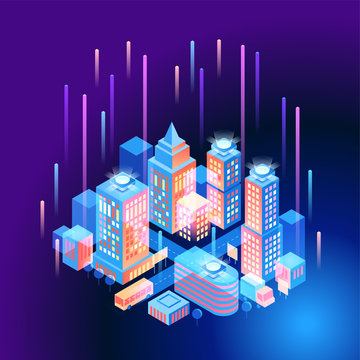 5G network wireless technology  vector concept. High-speed mobile Internet. Using modern digital devices. Smart city or intelligent building isometric. 3d isometric vector illustration.