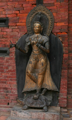 KATHMANDU, NEPAL. 23 September 2008: Patan Durbar Square, Mul Chowk, River Goddess Jamuna Standing On A Makura Mythical Turtle  