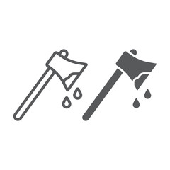 Bloody axe line and glyph icon, halloween and blade, ax with blood sign, vector graphics, a linear pattern on a white background.