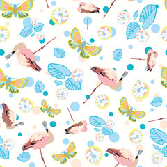 Exotic jungle flamingo pastel dot seamless summer pattern. Boanical leaf and flamingo bird in pastel blue and pink tones. For fashion, fabric, wallpaper, packaging design, stationary.