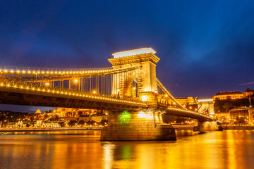 Szechenyi Chain Bridge at Night, Budapest, Hungary