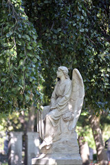 An old white sandstone sculpture of an angel in front of a green background. 