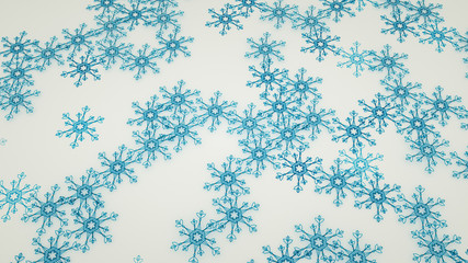 lot of blue three-dimensional snowflakes on a white background. 3d rendering illustration
