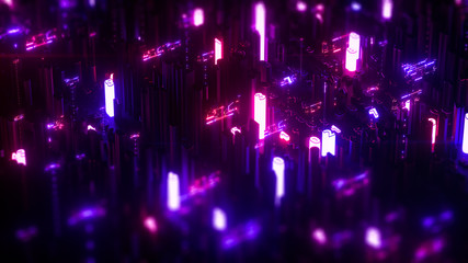 Digital technology creative background. Abstract composition, neon glowing numbers, code, big data structure, financial information concept, creative business connection. 3d rendering