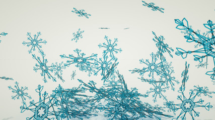 lot of blue three-dimensional snowflakes on a white background. 3d rendering illustration