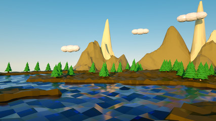 Three-dimensional low poly landscape with cliffs and a river. 3d rendering illustration