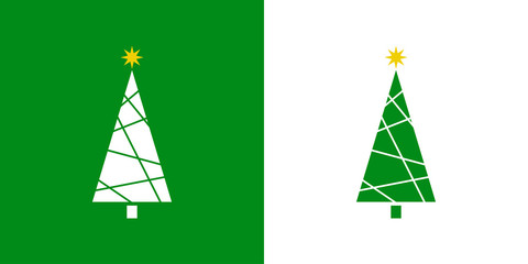 Logotipo con árbol de navidad abstracto triangular con estrella y líneas en verde y blanco