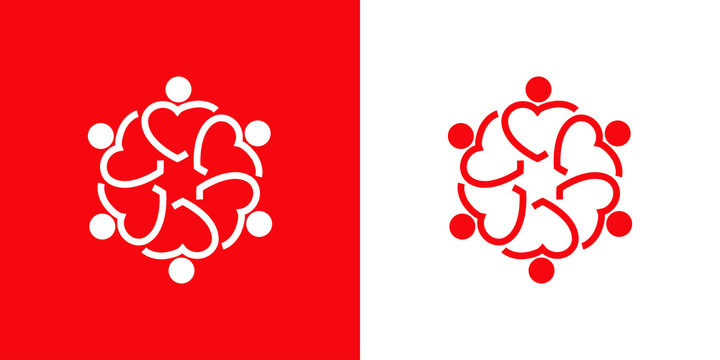 Logotipo con 6 corazones lineales como personas abrazadas en rojo y blanco