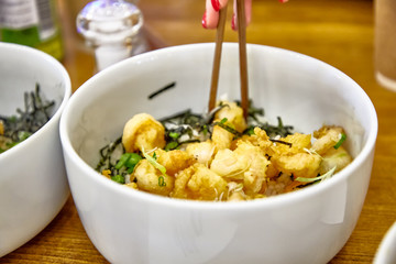 Japanese dish Donburi with chicken is in a special plate