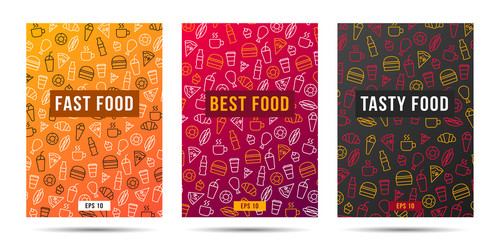 Set of brochure cover with fast food and drinks pattern in three options