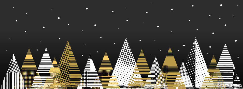 Christmas trees with abstract texture. White and gold color. Black background with snowflakes.