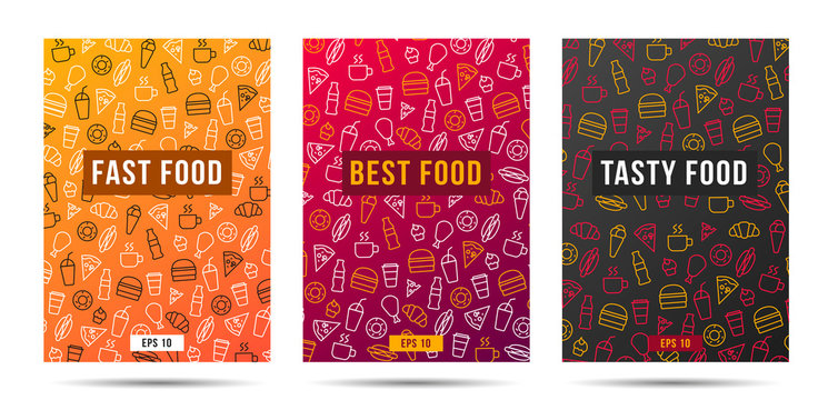 Set of brochure cover with fast food and drinks pattern in three options
