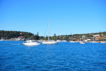 Fototapeta na wymiar Boats on Sydney Harbour with blue skies
