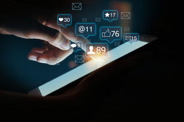 Finger on smart phone touch screen. Business, Social Media and Digital Marketing concept