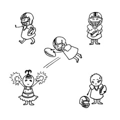 Doodle set of american football. Funny football players. Vector sports icons.