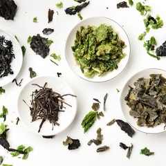 Various dry seaweed, sea vegetables, square overhead shot on a white background