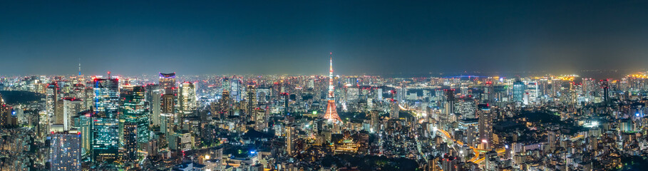 Plakat Cityscape of Tokyo skyline, panorama aerial skyscrapers view of office building and downtown in Tokyo in the evening. Japan, Asia.
