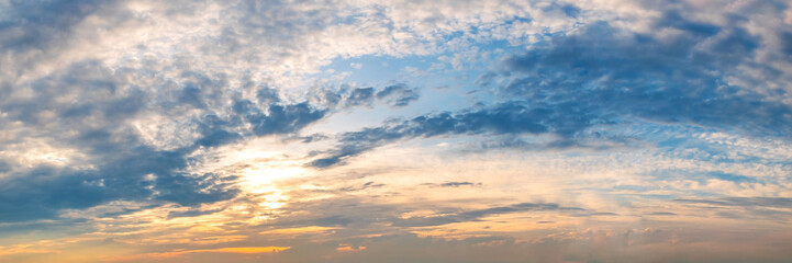 Panorama of Dramatic vibrant color with beautiful cloud of sunrise and sunset. 