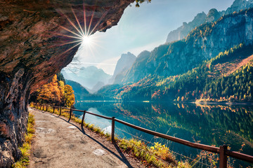 Sunny autumn scene of Vorderer ( Gosausee ) lake. Colorful morning view of Austrian Alps, Upper Austria, Europe. Beauty of nature concept background. - obrazy, fototapety, plakaty