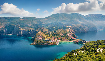 Obraz premium Aerial view of the Asos village from the Venetian Castle Ruins. Awesome spring seascape of Ionian Sea. Stunning outdoor scene of Kefalonia island, Greece, Europe.