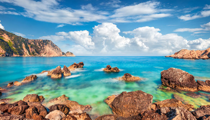 Exotic spring view of Petani Beach. Splendid morning scene of Cephalonia Island, Greece, Europe. Amazing seascape of Mediterranen Sea. Stunning outdoor scene of Ionian Islands.